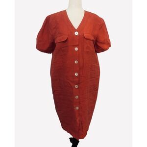 Vintage Tess Dress Linen Button Front Midi Dress Pockets Red/Coral Size 8